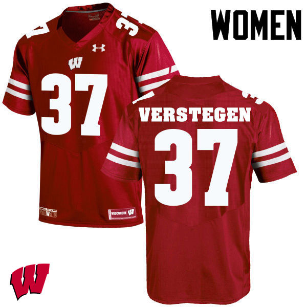 Women Wisconsin Badgers #37 Brett Verstegen College Football Jerseys-Red - Click Image to Close